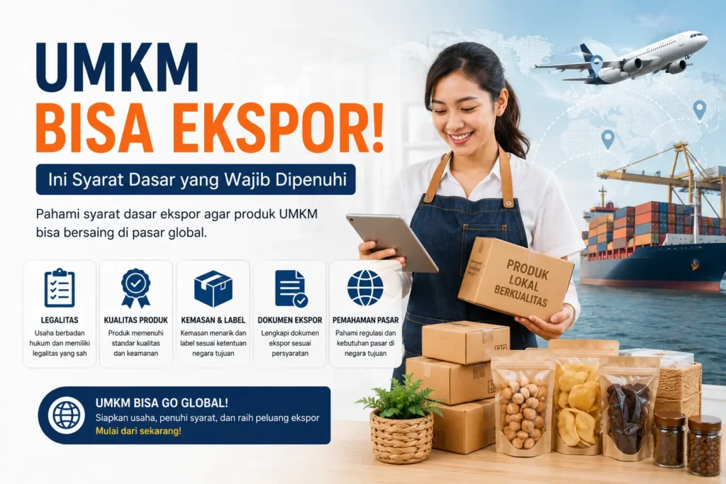 Ilustrasi UMKM Indonesia siap ekspor dengan produk lokal, dokumen ekspor, dan pengiriman internasional.