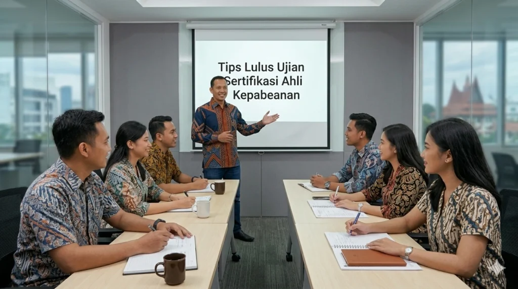 Suasana pelatihan persiapan ujian sertifikasi ahli kepabeanan di kelas yang interaktif dengan peserta