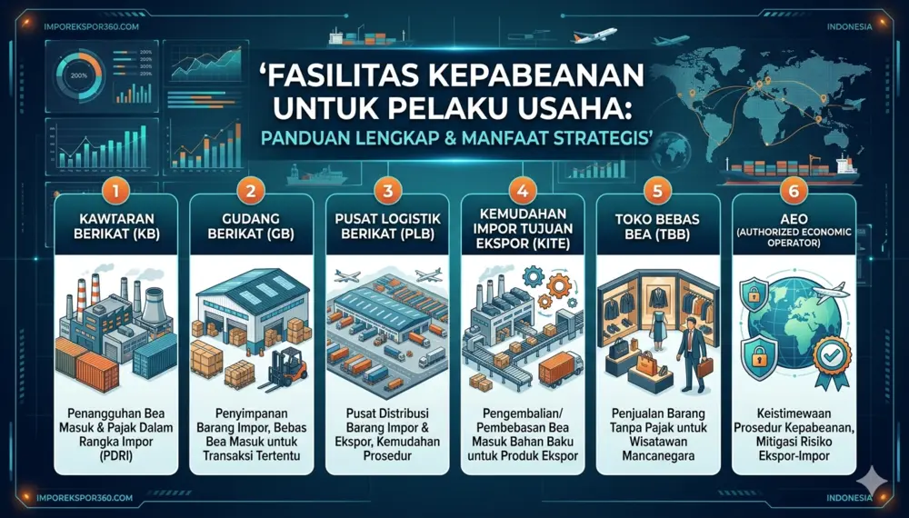 Infografis fasilitas kepabeanan Indonesia yang merinci enam pilar utama insentif bagi pelaku usaha: Kawasan Berikat, Gudang Berikat, Pusat Logistik Berikat, KITE, Toko Bebas Bea, dan sertifikasi AEO.