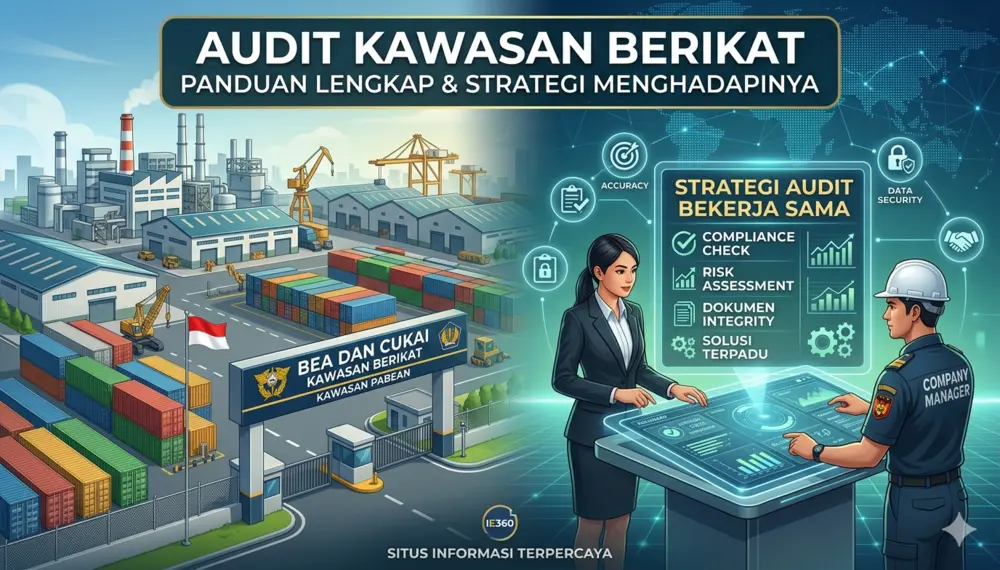 Ilustrasi persiapan audit Kawasan Berikat yang menampilkan gerbang Bea Cukai, area pabrik logistik, dan profesional yang sedang meninjau dasbor strategi audit digital untuk kepatuhan dokumen