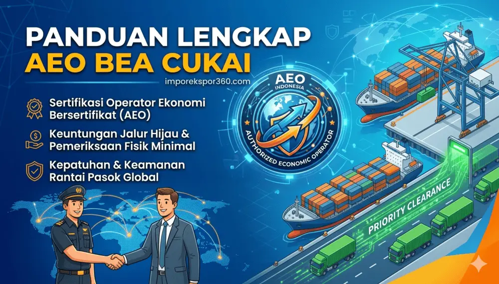 Ilustrasi panduan lengkap sertifikasi AEO Bea Cukai di Indonesia yang menampilkan pelabuhan peti kemas, dokumen logistik, dan simbol kepatuhan global untuk perdagangan internasional.
