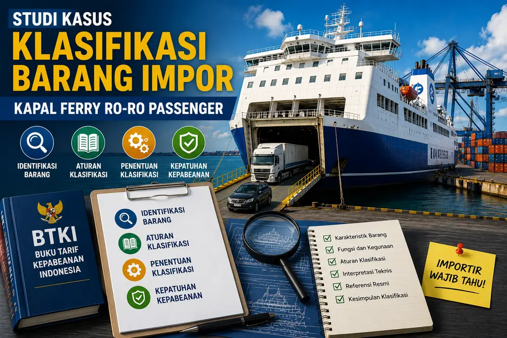 Ilustrasi klasifikasi barang impor kapal ferry ro-ro passenger di pelabuhan dengan proses identifikasi barang dan kepabeanan