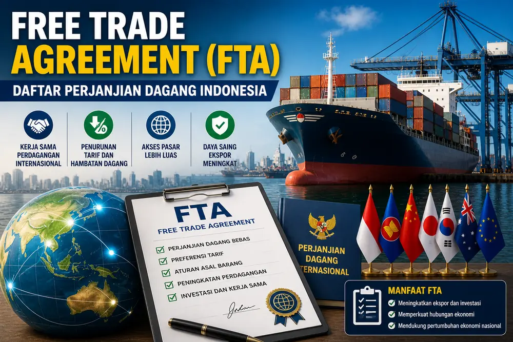 Ilustrasi free trade agreement FTA dengan kapal kargo dan perdagangan internasional di pelabuhan