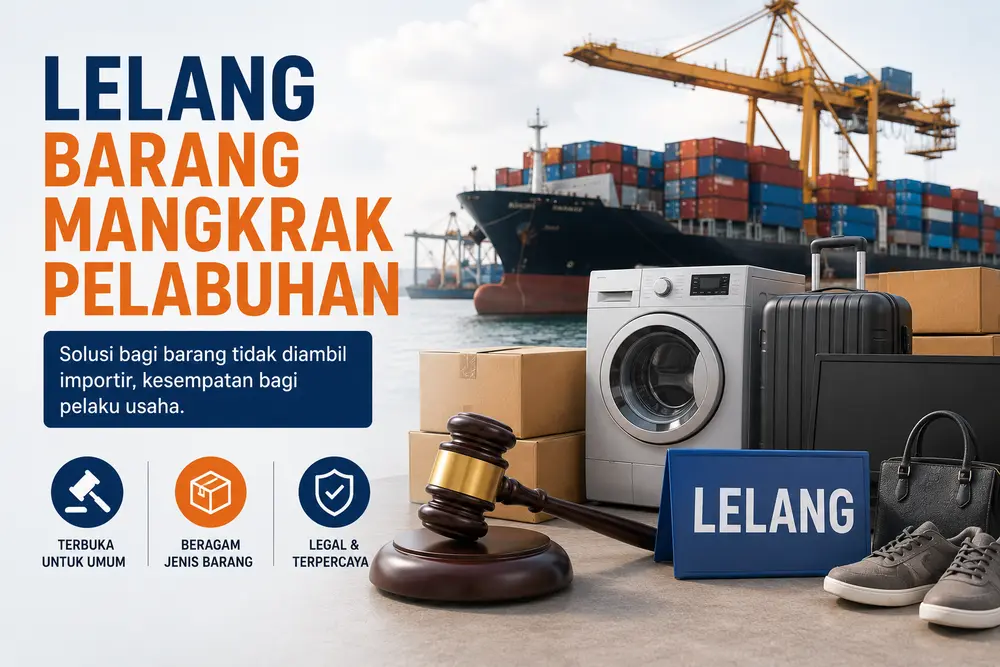 Ilustrasi lelang barang mangkrak pelabuhan dengan kontainer kapal, palu lelang, mesin cuci, koper, sepatu, dan berbagai barang impor.