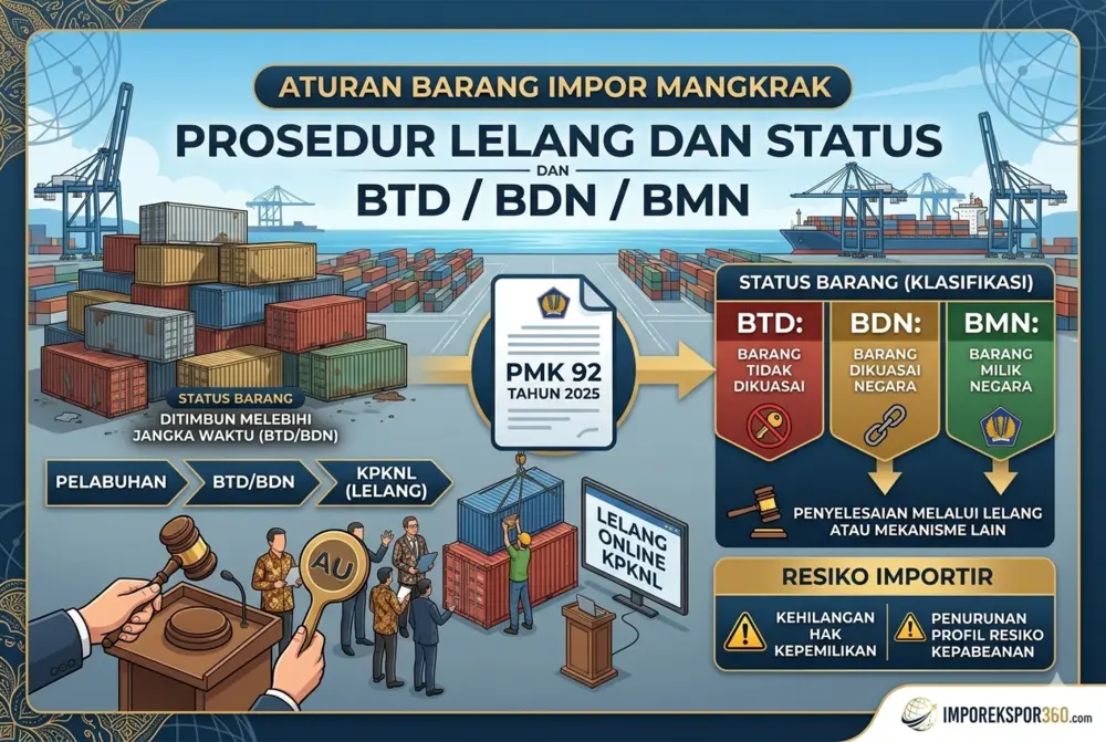 Infografis prosedur lelang barang impor mangkrak berdasarkan PMK 92 Tahun 2025, mencakup status BTD, BDN, dan BMN.