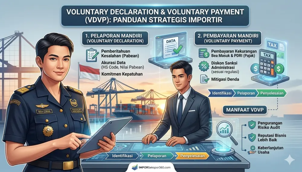 Infografis prosedur Voluntary Declaration dan Voluntary Payment (VDVP) Bea Cukai yang menampilkan langkah pelaporan mandiri, pembayaran kekurangan bea masuk secara inisiatif, dan mitigasi risiko audit bagi importir