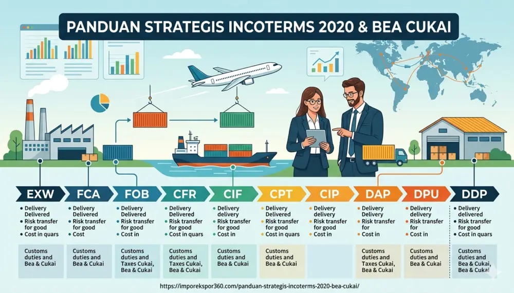 Diagram infografis Incoterms 2020 yang menunjukkan pembagian tanggung jawab antara penjual dan pembeli dalam pengiriman internasional, dengan latar belakang kapal kargo dan pelabuhan