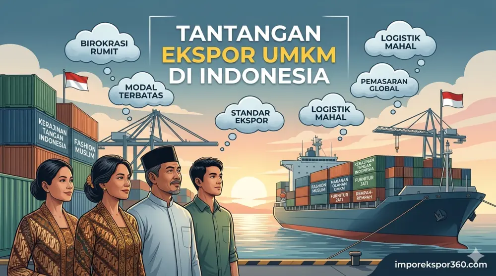 Infografis tantangan ekspor UMKM di Indonesia meliputi logistik mahal, birokrasi rumit, modal terbatas, dan standar ekspor.