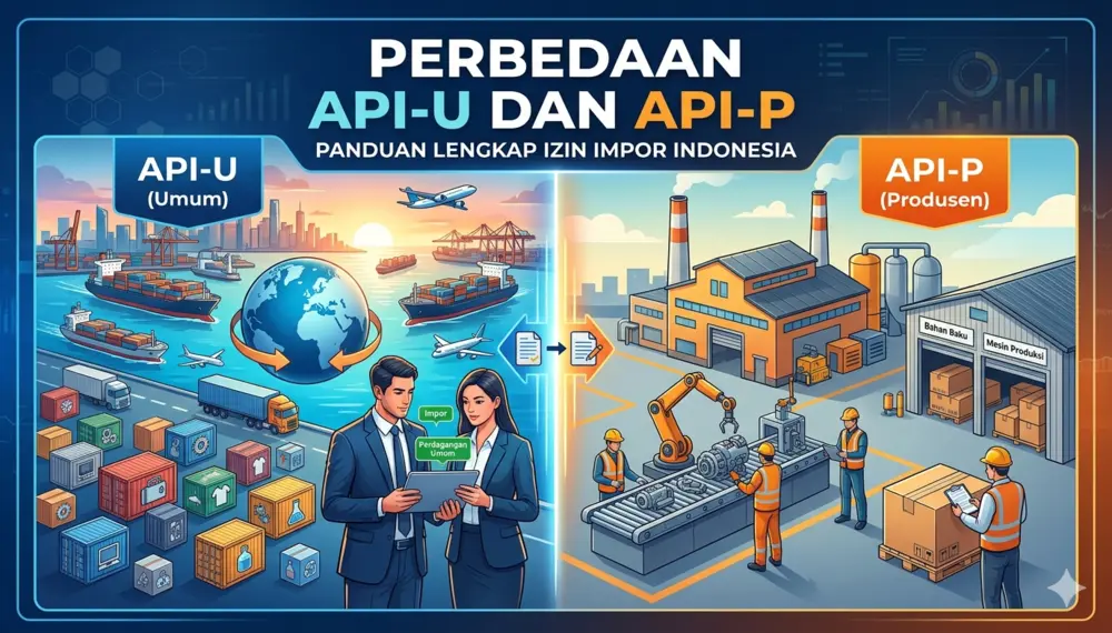 Infografis perbandingan antara Angka Pengenal Importir Umum (API-U) untuk perdagangan dan Angka Pengenal Importir Produsen (API-P) untuk industri manufaktur di Indonesia