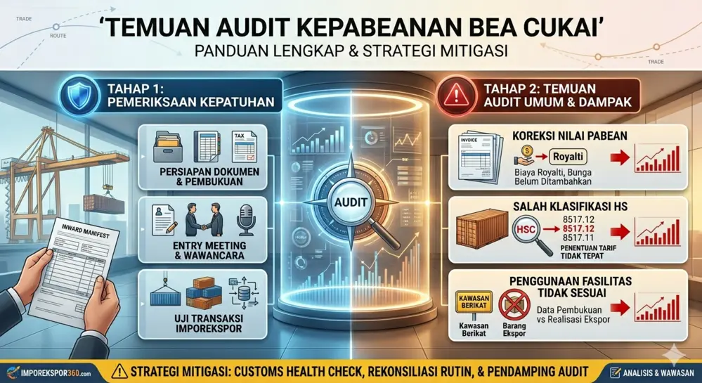 Infografis alur audit kepabeanan mulai dari tahap pemeriksaan kepatuhan, persiapan dokumen, hingga analisis temuan seperti koreksi nilai pabean dan klasifikasi HS Code.