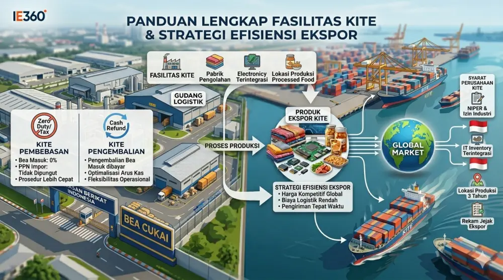 Infografis fasilitas KITE yang menjelaskan perbedaan skema KITE Pembebasan dan KITE Pengembalian dalam alur ekspor impor Indonesia.