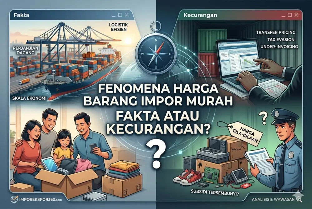 Perbandingan antara efisiensi logistik (fakta) dan praktik kecurangan kepabeanan seperti under-invoicing pada barang impor.