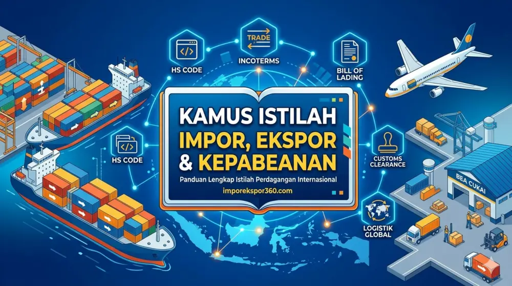 Ilustrasi Kamus Istilah Impor Ekspor dan Kepabeanan Indonesia dengan latar belakang kapal kargo, pesawat, dan logistik global.