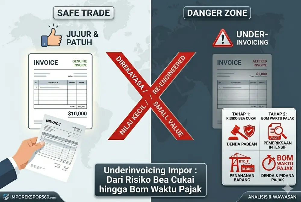 Perbandingan invoice asli (Safe Trade) dan invoice yang direkayasa nilai lebih kecil (Under-invoicing) beserta risiko denda bea cukai dan audit pajak.
