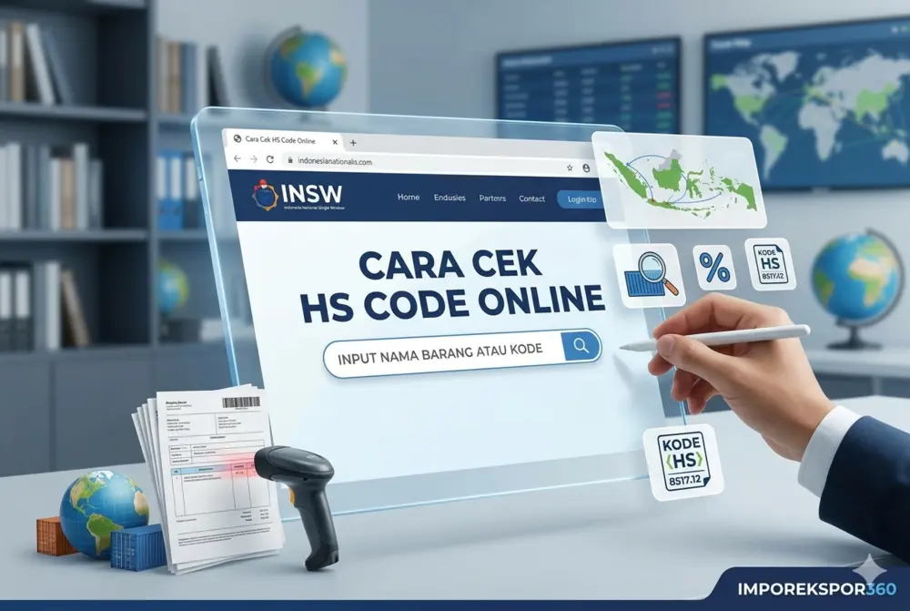 Ilustrasi cara cek HS Code online melalui sistem INSW untuk kegiatan ekspor impor Indonesia.