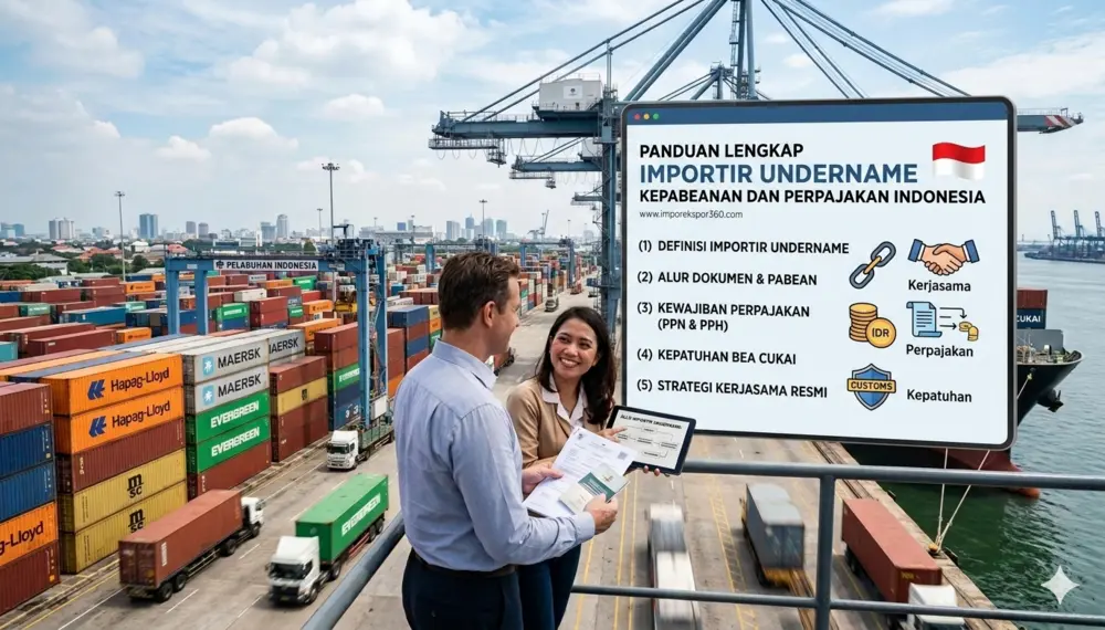 Ilustrasi panduan lengkap importir undername di Indonesia yang menampilkan pelabuhan peti kemas, dua profesional yang meninjau dokumen, serta panel informasi digital berisi alur pabean dan kewajiban perpajakan