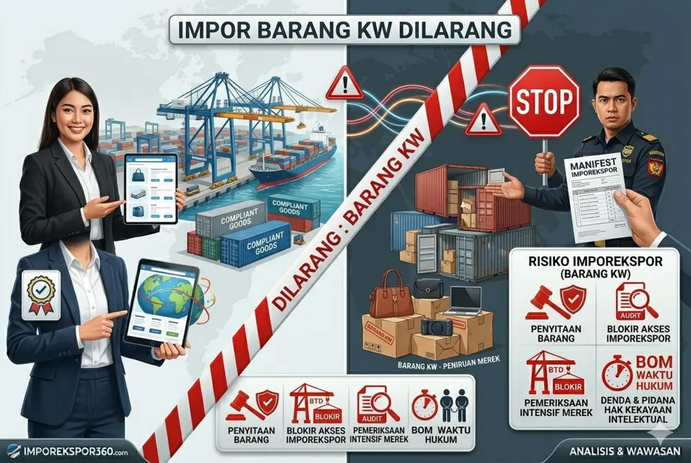 Ilustrasi larangan impor barang KW atau tiruan yang menunjukkan risiko penyitaan oleh petugas Bea Cukai dan sanksi pelanggaran Hak Kekayaan Intelektual.