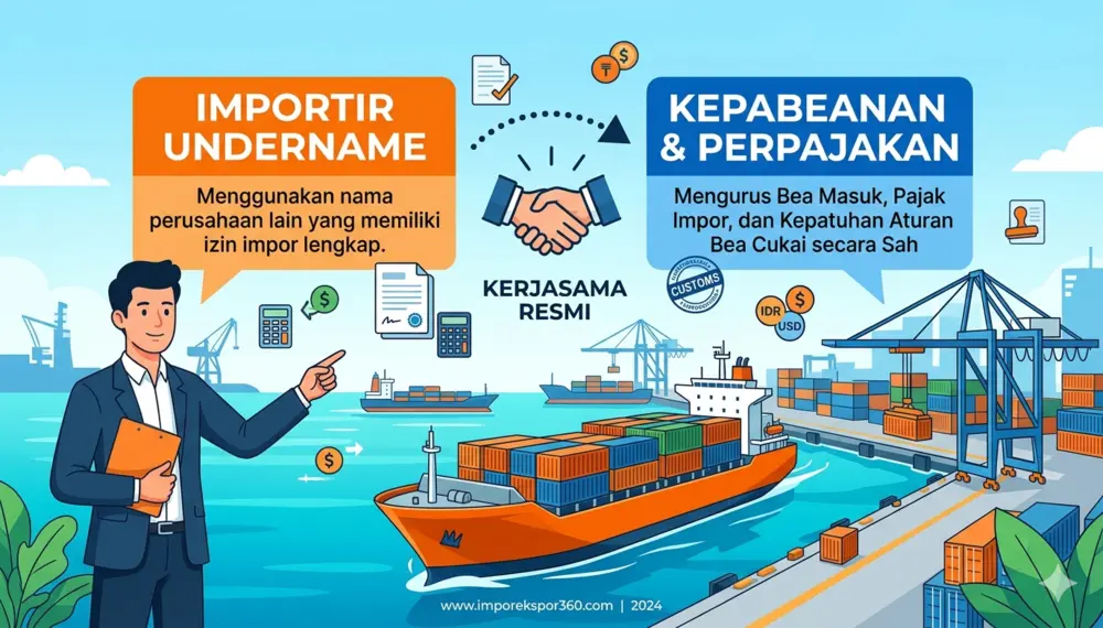 Ilustrasi jasa importir undername di pelabuhan peti kemas dengan panel kontrol kepabeanan, bendera Indonesia, dan simbol akuntansi pajak untuk kepatuhan bea cukai