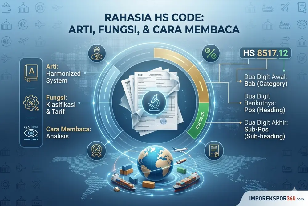 Infografis cara membaca struktur digit HS Code yang mencakup Bab, Pos, dan Sub-pos untuk klasifikasi barang impor.