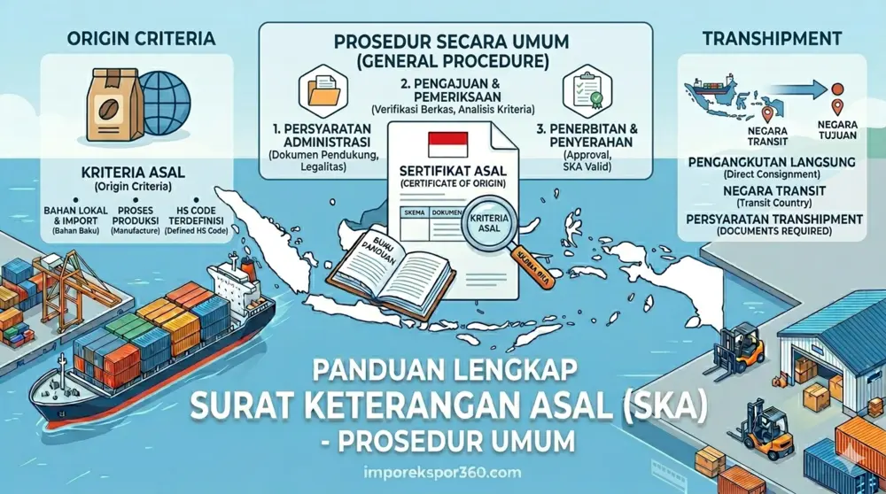 Infografis Panduan Surat Keterangan Asal (SKA) yang mencakup Kriteria Asal (Origin Criteria), Prosedur Umum, dan Ketentuan Transhipment.