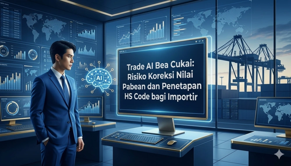 Ilustrasi sistem Trade AI Bea Cukai sedang menganalisis kontainer impor dan memicu koreksi nilai pabean serta kode HS, menyebabkan status barang tertahan