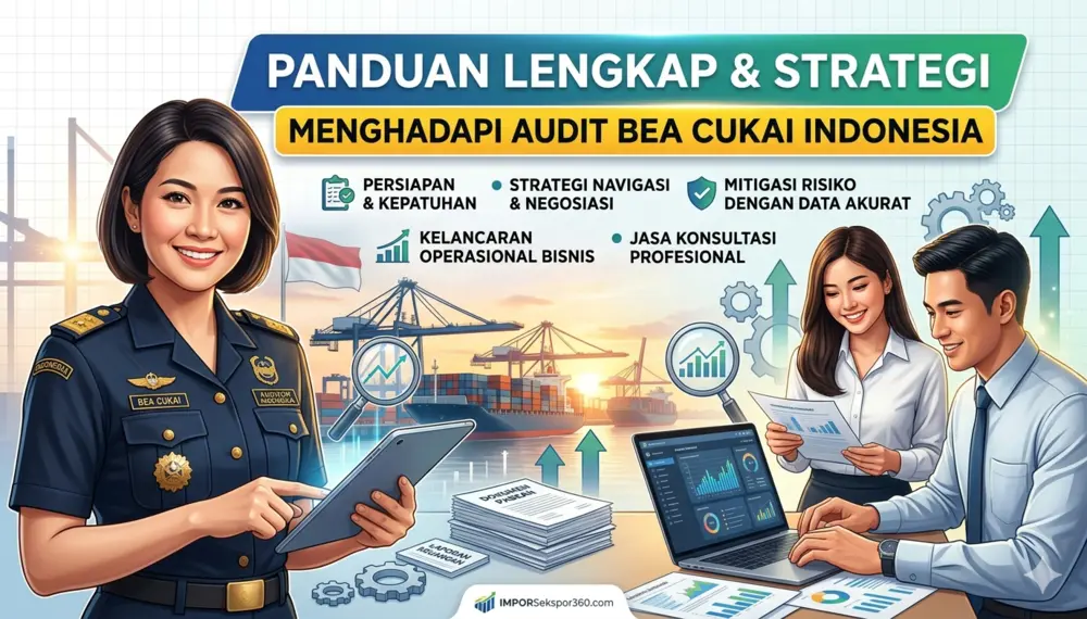 Infografis panduan audit Bea Cukai yang menampilkan petugas auditor, profesional bisnis yang sedang meninjau dokumen kepabeanan, dan latar belakang operasional pelabuhan logistik