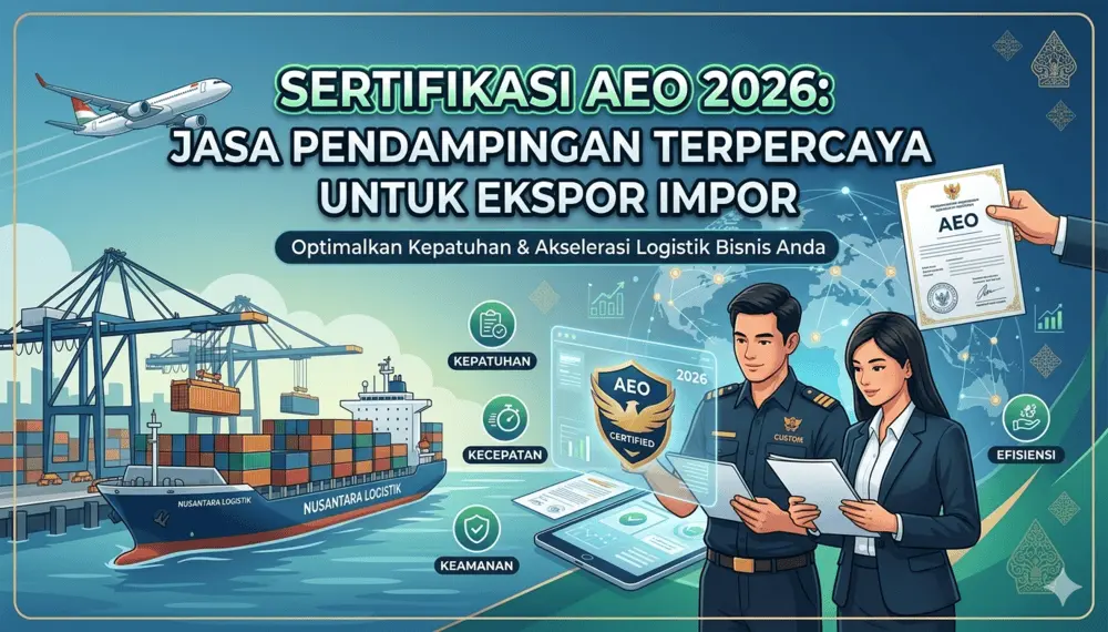 Ilustrasi jasa pendampingan sertifikasi AEO 2026 di Indonesia yang menampilkan kapal kargo Nusantara Logistik, pesawat kargo, dan tenaga ahli profesional kepabeanan sedang mengurus dokumen AEO