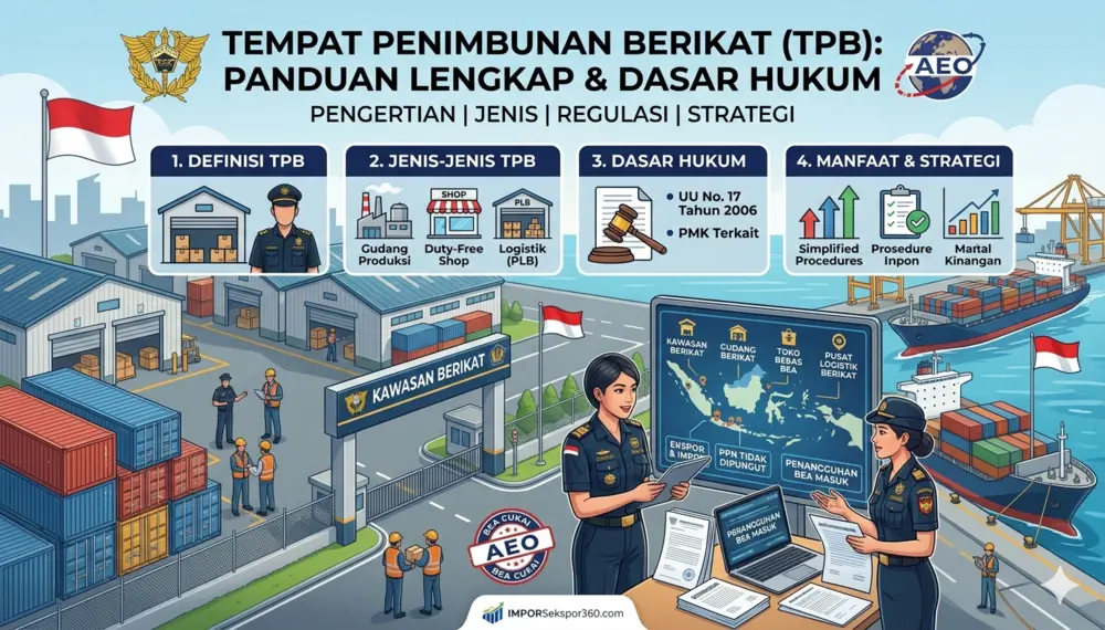 nfografis Tempat Penimbunan Berikat (TPB) yang menampilkan berbagai jenis fasilitas pabean seperti Kawasan Berikat, Gudang Berikat, dan Pusat Logistik Berikat dengan latar belakang area industri dan petugas Bea Cukai