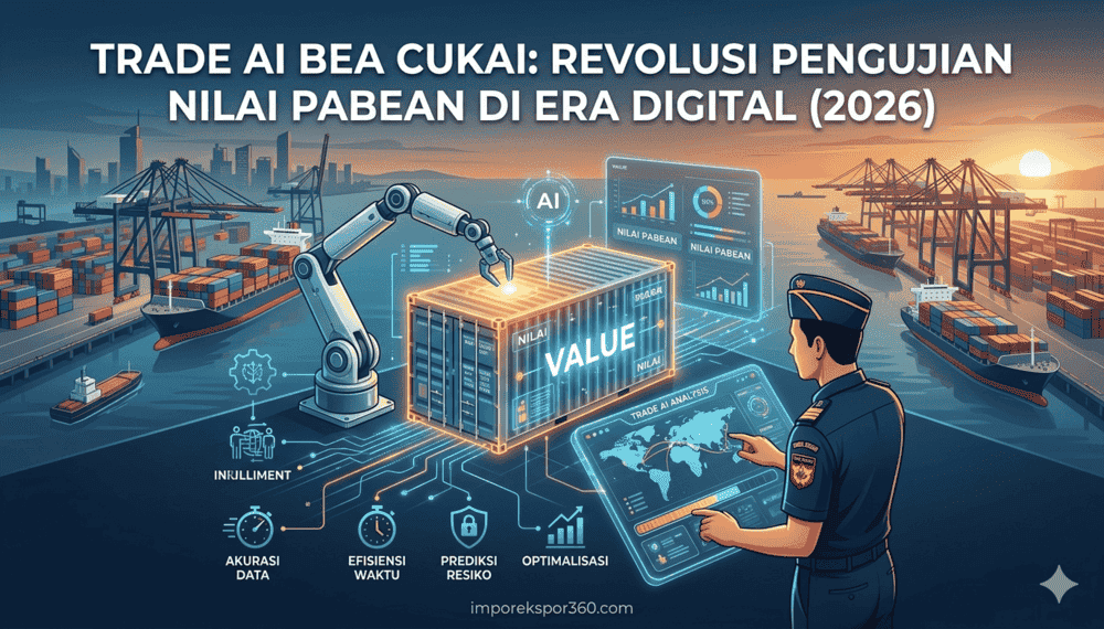 Ilustrasi sistem Trade AI Bea Cukai sedang melakukan analisis digital dan pemindaian data nilai pabean pada peti kemas impor di pelabuhan modern Indonesia untuk era digital 2026