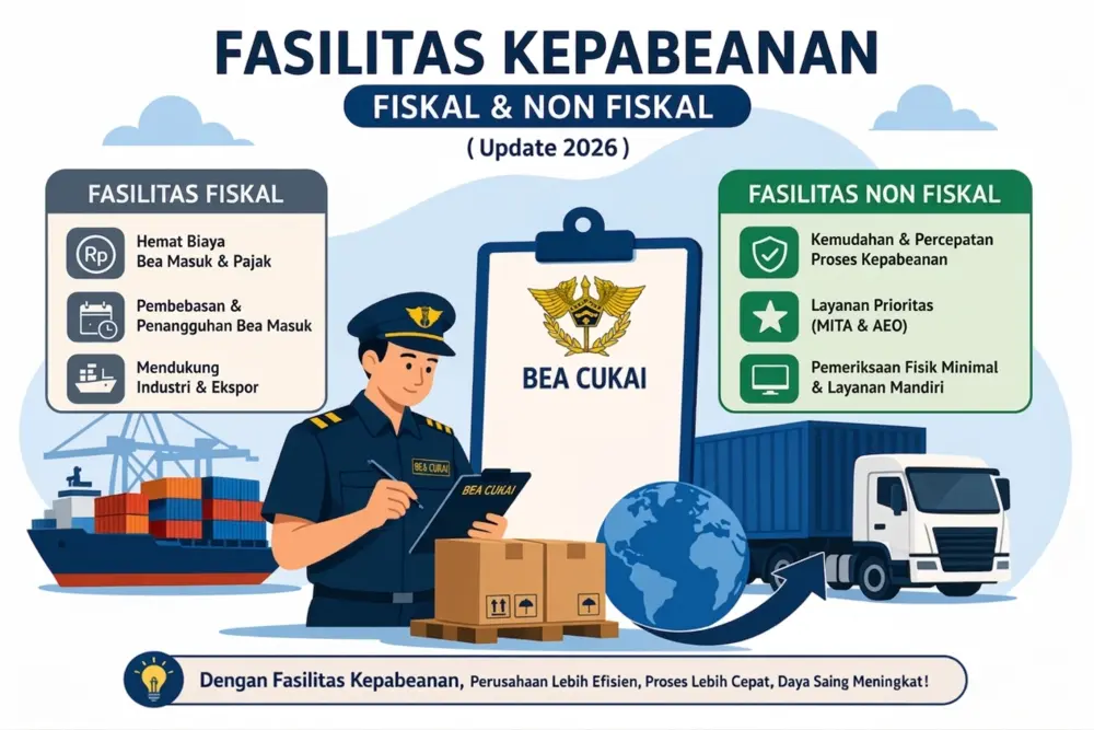 Infografis fasilitas kepabeanan Bea Cukai update 2026 yang merinci keuntungan fiskal seperti hemat biaya pajak dan keuntungan non-fiskal seperti layanan prioritas AEO dan MITA.