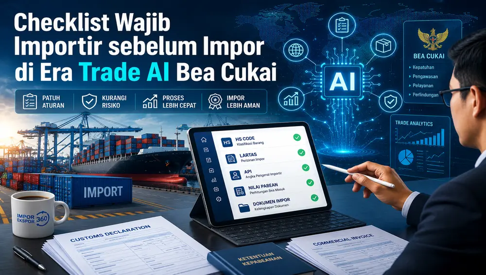 Checklist wajib importir sebelum impor di era Trade AI Bea Cukai yang menampilkan verifikasi HS Code, LARTAS, API, nilai pabean, dan dokumen impor menggunakan teknologi AI untuk kepatuhan kepabeanan.