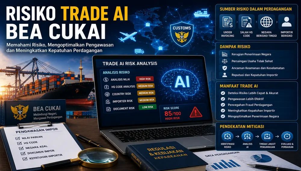 Ilustrasi Trade AI Bea Cukai yang digunakan untuk menganalisis risiko impor, mendeteksi under invoicing, mengevaluasi HS Code, dan meningkatkan pengawasan kepabeanan berbasis kecerdasan buatan.