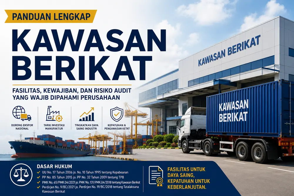 Ilustrasi kawasan berikat dengan gudang industri, kontainer ekspor impor, truk logistik, dan pelabuhan untuk menggambarkan fasilitas serta kepatuhan kepabeanan perusahaan manufaktur.