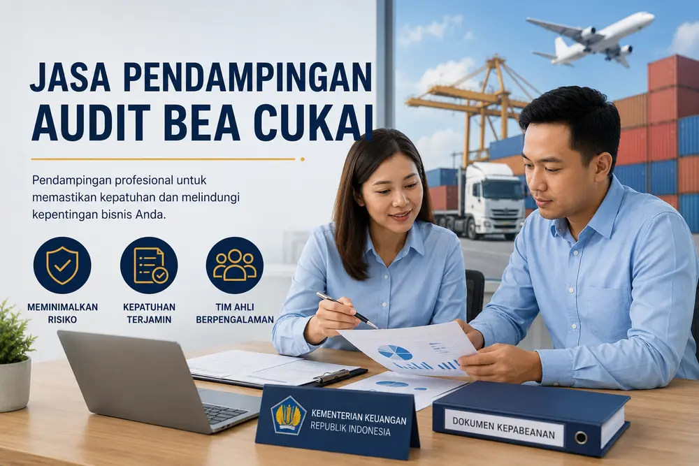 Jasa pendampingan audit bea cukai dengan ilustrasi konsultasi profesional kepabeanan dan dokumen audit impor ekspor